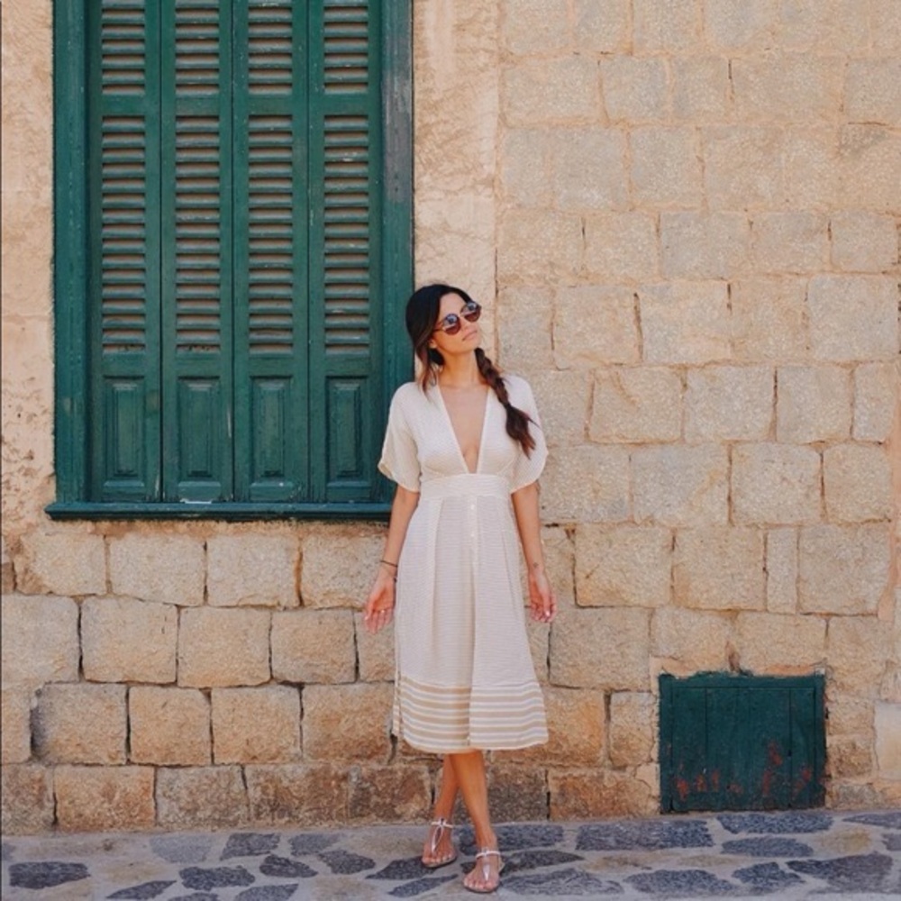 NEW Faithfull the Brand V neck Beige Striped short sleeve Midi Dress xs